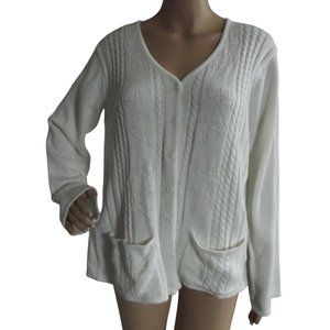 Knit Minded Cardigan Sweater Medium White Cable button front M open snap back